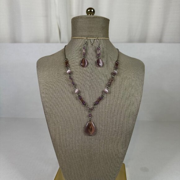 Vintage-Style Purple Glass Necklace & Earrings Set With Teardrop Pendant & Beads - Picture 1 of 10